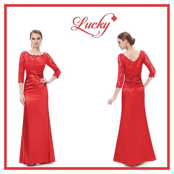 Vestido rojo al cuerpo falda satin y mangas de encaje