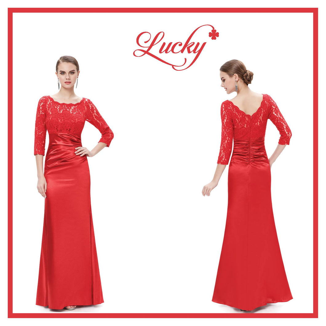 Vestido rojo al cuerpo falda satin y mangas de encaje