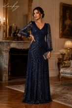 Cargar imagen en el visor de la galería, Vestido azul navy manga larga con lentejuelas