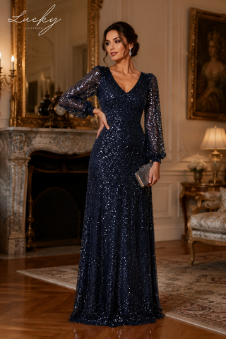 Vestido azul navy manga larga con lentejuelas