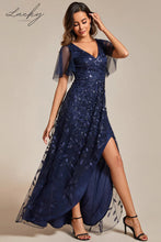 Cargar imagen en el visor de la galería, Vestido azul navy con hojas y mangas