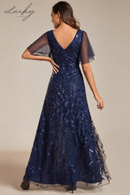 Cargar imagen en el visor de la galería, Vestido azul navy con hojas y mangas