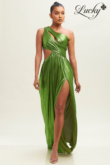 Vestido verde metalico un hombro
