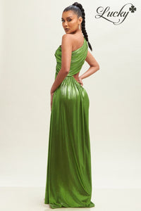 Vestido verde metalico un hombro