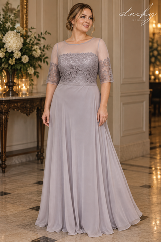 Vestido gris manga y encaje con tul