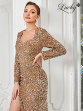 Cargar imagen en el visor de la galería, Vestido dorado de mangas y lentejuelas