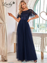 Cargar imagen en el visor de la galería, Vestido azul navy con detalles de hojas y manga