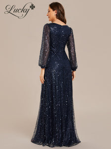 Vestido azul navy manga larga con lentejuelas
