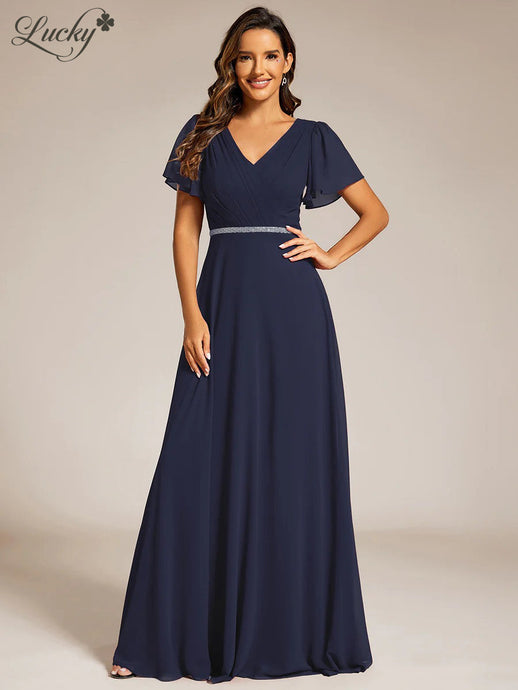 Vestido azul navy con manga y brillos en cintura