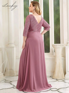 Vestido mauve con manga y lentejuelas