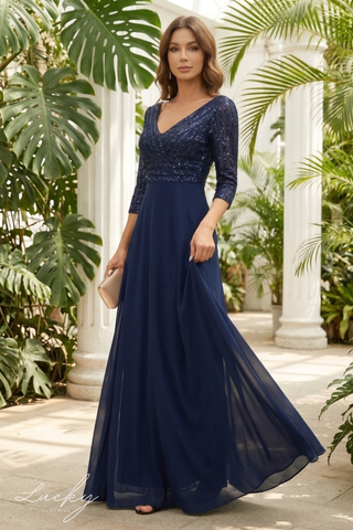 Vestido azul con mangas y lentejuelas
