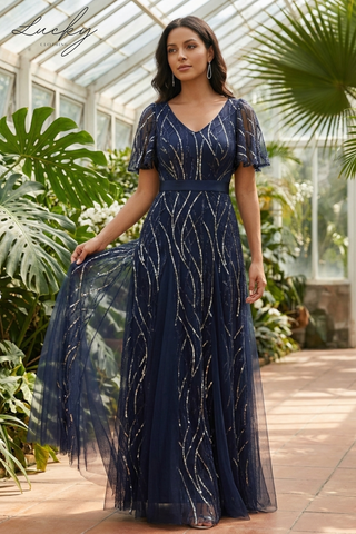 Vestido azul al cuerpo con lentejuelas