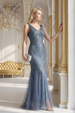 Vestido dusty blue con diseño de lentejuelas
