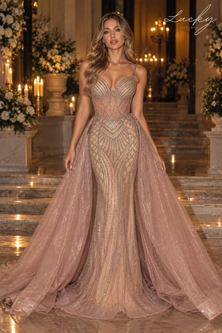 Vestido champagne rose con piedras