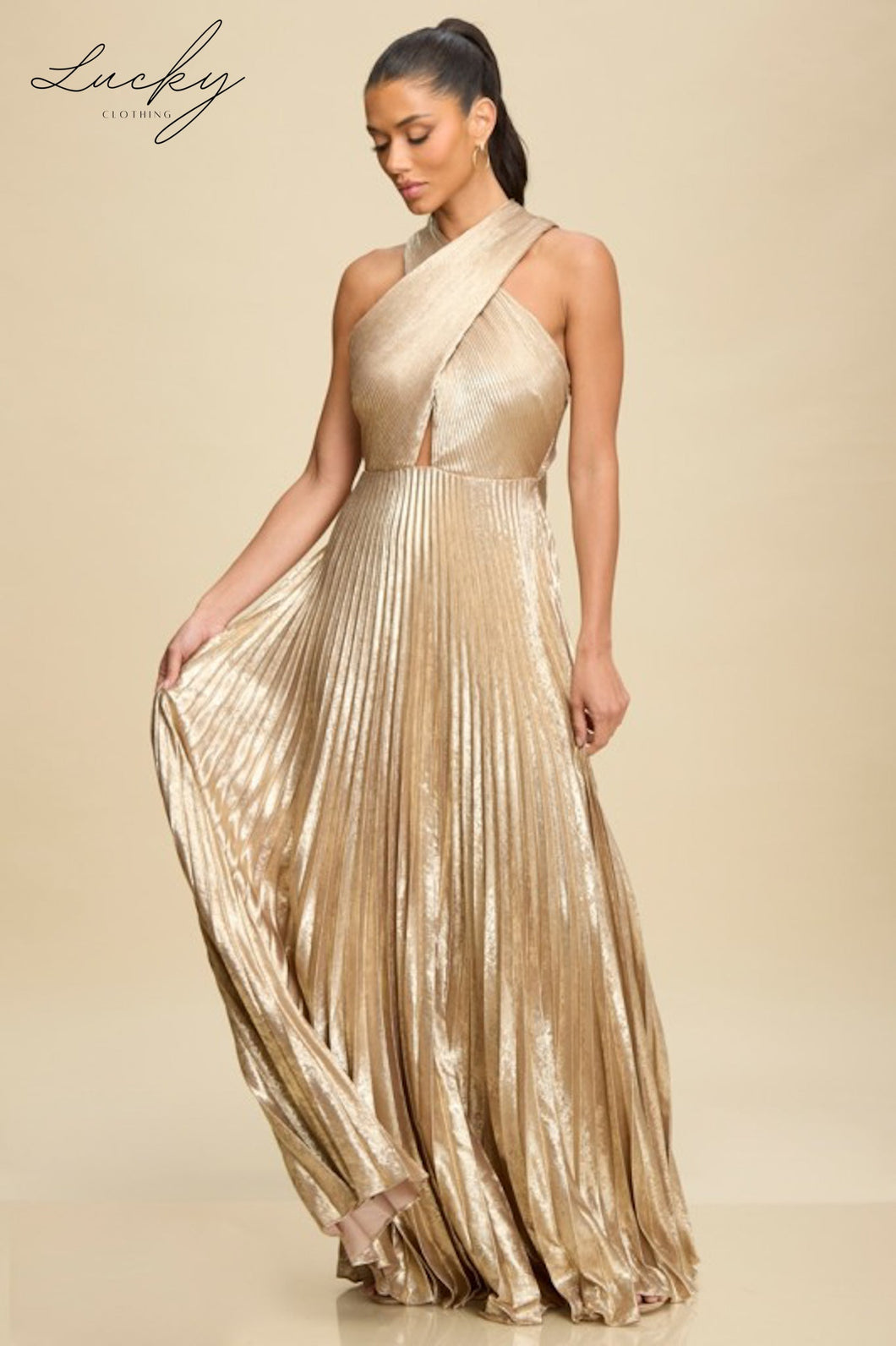 Vestido champagne plisado