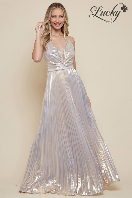 Vestido champagne metalico plisado