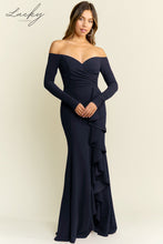 Cargar imagen en el visor de la galería, Vestido azul navy strapless con mangas