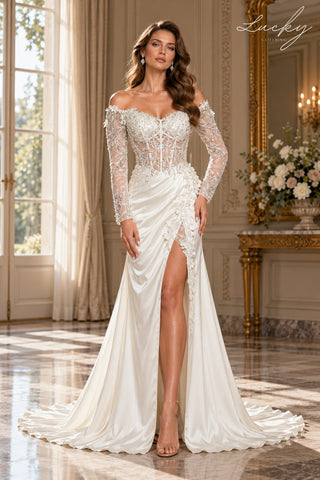 Vestido blanco strapless con mangas y encajes