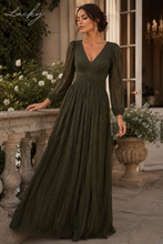 Cargar imagen en el visor de la galería, Vestido verde oliva plisado con mangas