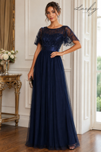 Cargar imagen en el visor de la galería, Vestido azul navy con detalles de hojas y mangas