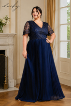 Cargar imagen en el visor de la galería, Vestido azul navy plisado con mangas plus