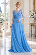 Cargar imagen en el visor de la galería, Vestido celeste con mangas y brillos