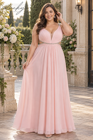 Vestido rosa con brillantes en cintura y espalda abierta