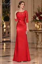 Cargar imagen en el visor de la galería, Vestido rojo al cuerpo falda satin y mangas de encaje