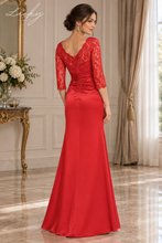 Cargar imagen en el visor de la galería, Vestido rojo al cuerpo falda satin y mangas de encaje