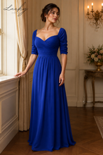 Cargar imagen en el visor de la galería, Vestido azul rey sin hombros y manga 3/4