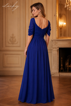 Cargar imagen en el visor de la galería, Vestido azul rey sin hombros y manga 3/4