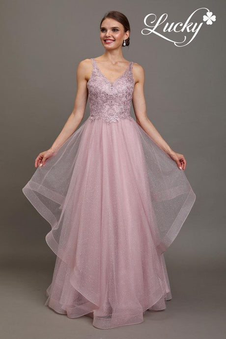 Vestido rose mauve estilo princesa con piedras en top