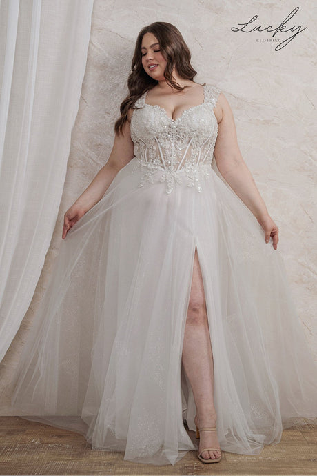 Vestido blanco plus con piedras y encaje