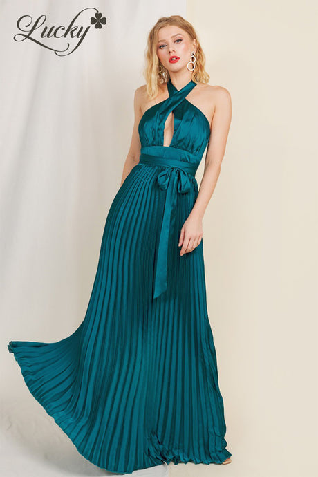 Vestido verde teal plisado